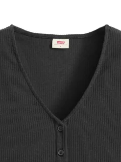 T-shirt en coton noir en maille côtelée pourvu d'une fermeture boutonnée