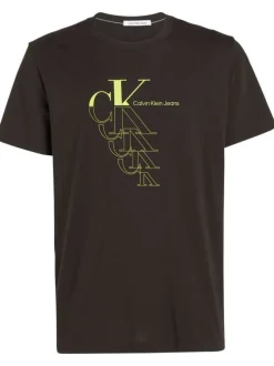 T-shirt en coton noir et jaune avec une coupe droite et un col rond