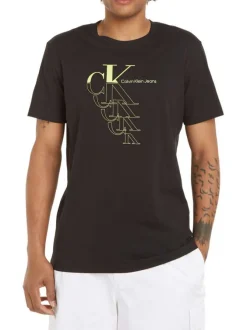 T-shirt en coton noir et jaune avec une coupe droite et un col rond