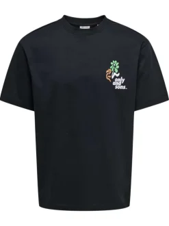 T-shirt en coton noir fleuri au dos avec une coupe droite et un col rond