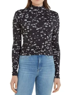 T-shirt en coton noir fleuri avec une coupe près du corps et un col montant