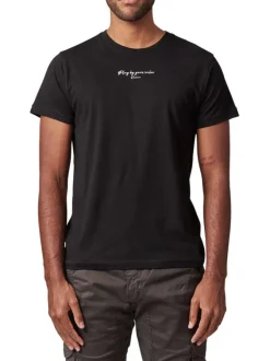 T-shirt en coton noir imprimé au dos à col rond et à coupe droite