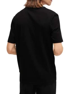 T-shirt en coton noir imprimé cassette avec une coupe droite et un col rond