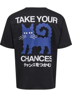 T-shirt en coton noir à imprimé chat au dos avec un col rond et une coupe droite