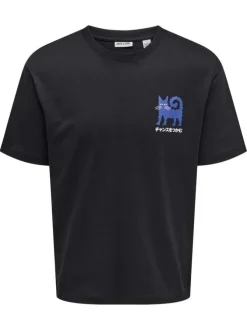 T-shirt en coton noir à imprimé chat au dos avec un col rond et une coupe droite