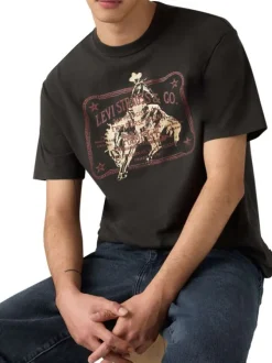 T-shirt en coton noir imprimé à coupe droite pourvu d'un col rond