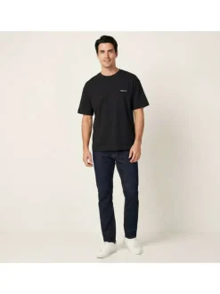 T-shirt en coton noir imprimé à coupe droite pourvu d'un col rond