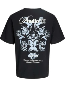 T-shirt en coton noir imprimé à coupe droite pourvu d'un col rond