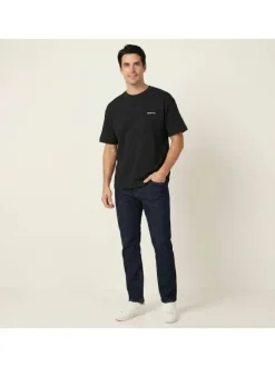 T-shirt en coton noir imprimé à coupe droite pourvu d'un col rond