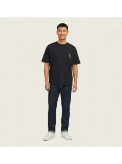 T-shirt en coton noir imprimé à coupe droite pourvu d'un col rond