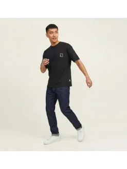 T-shirt en coton noir imprimé à coupe droite pourvu d'un col rond