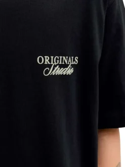 T-shirt en coton noir imprimé à coupe droite pourvu d'un col rond