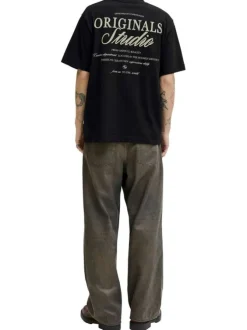 T-shirt en coton noir imprimé à coupe droite pourvu d'un col rond