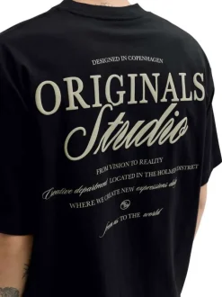 T-shirt en coton noir imprimé à coupe droite pourvu d'un col rond