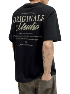 T-shirt en coton noir imprimé à coupe droite pourvu d'un col rond