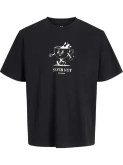 T-shirt en coton noir imprimé à coupe loose avec col rond et manches courtes