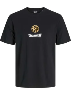 T-shirt en coton noir imprimé dessin animé à la poitrine et au dos à col rond
