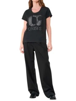 T-shirt en coton noir imprimé en lurex avec une coupe droite et un col rond