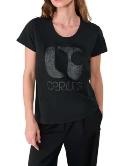 T-shirt en coton noir imprimé en lurex avec une coupe droite et un col rond