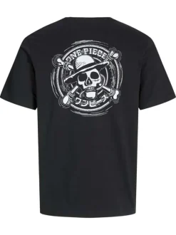 T-shirt en coton noir imprimé manga à la poitrine et au dos avec un col rond