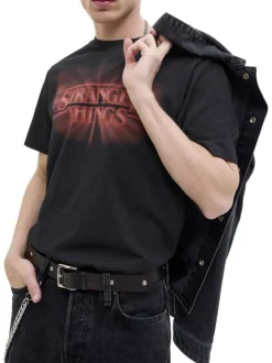 T-shirt en coton noir imprimé série à la poitrine et au dos avec un col rond