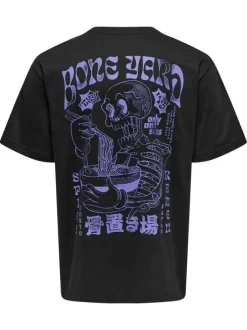 T-shirt en coton noir à imprimé tête de mort au dos avec un col rond