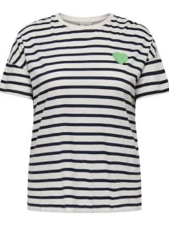T-shirt en coton noir rayé avec une coupe droite, col rond et coeur vert