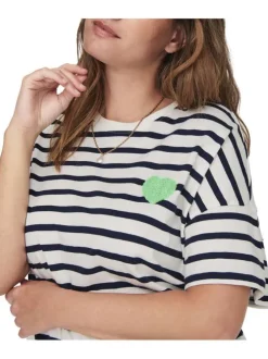 T-shirt en coton noir rayé avec une coupe droite, col rond et coeur vert