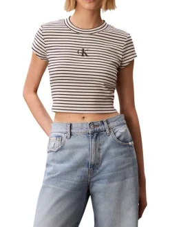 T-shirt en coton noir à rayures avec un col rond et une coupe courte