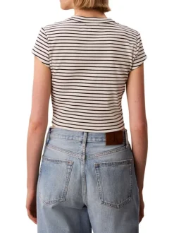T-shirt en coton noir à rayures avec un col rond et une coupe courte