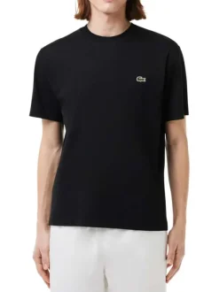 T-shirt en coton noir uni avec crocodile iconique et une coupe droite