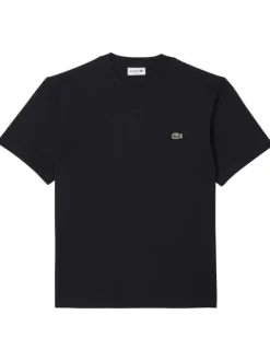 T-shirt en coton noir uni avec crocodile iconique et une coupe droite