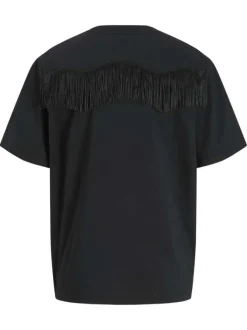 T-shirt en coton noir uni avec des franges au dos à coupe oversize et col rond