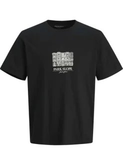 T-shirt en coton noir uni avec un building et une coupe droite à col rond