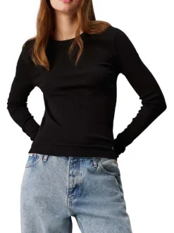 T-shirt en coton noir uni avec une coupe droite à col rond et logo iconique