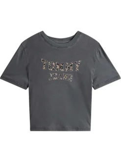 T-shirt en coton noir uni avec une coupe droite et nom iconique