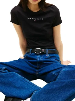 T-shirt en coton noir uni avec une coupe droite et un logo imprimé