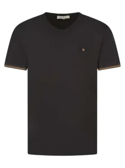 T-shirt en coton noir uni à col v et avec des liserés aux manches