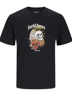 T-shirt en coton noir uni coupe droite avec imprimé tête de mort