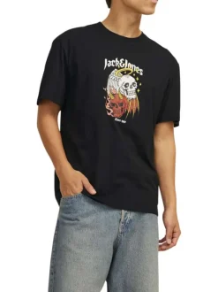 T-shirt en coton noir uni coupe droite avec imprimé tête de mort