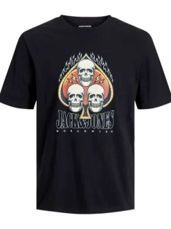 T-shirt en coton noir uni coupe droite avec un col rond et flocage tête de mort