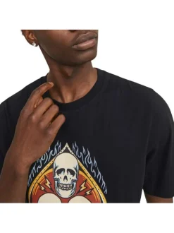T-shirt en coton noir uni coupe droite avec un col rond et flocage tête de mort