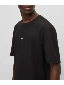 T-shirt en coton noir uni coupe droite avec un col rond et liseré orange