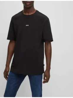 T-shirt en coton noir uni coupe droite avec un col rond et liseré orange