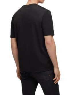 T-shirt en coton noir uni coupe droite avec un col rond et liseré orange
