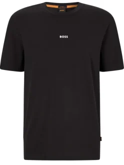 T-shirt en coton noir uni coupe droite avec un col rond et liseré orange