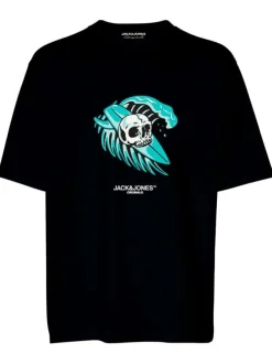T-shirt en coton noir uni coupe droite avec un col rond et nom de la marque