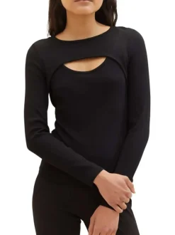 T-shirt en coton noir uni coupe droite avec un col rond et une fente poitrine