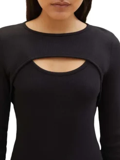 T-shirt en coton noir uni coupe droite avec un col rond et une fente poitrine