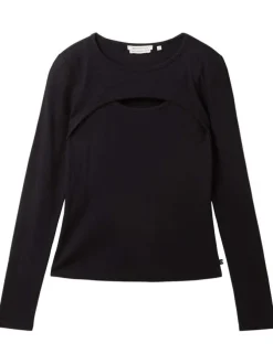 T-shirt en coton noir uni coupe droite avec un col rond et une fente poitrine